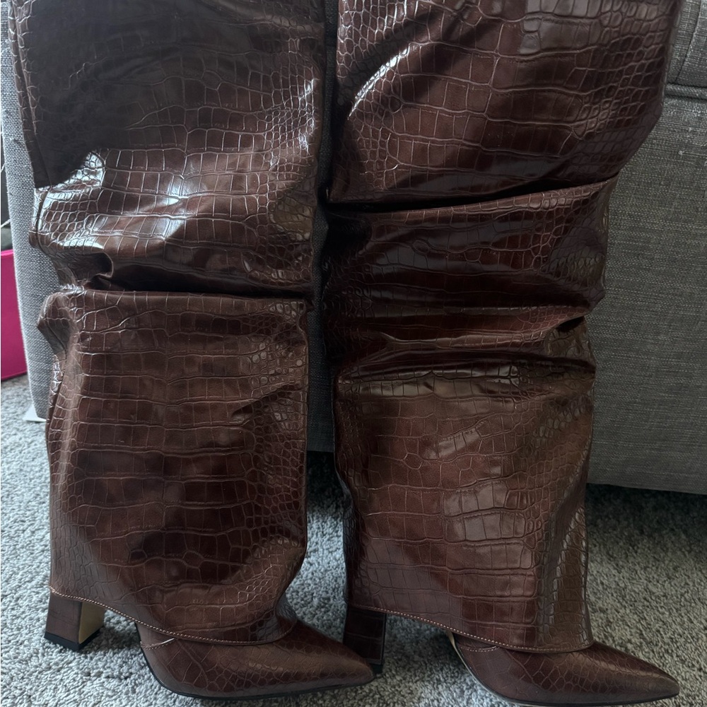 Brown Croc-Embossed Knee-High Boots